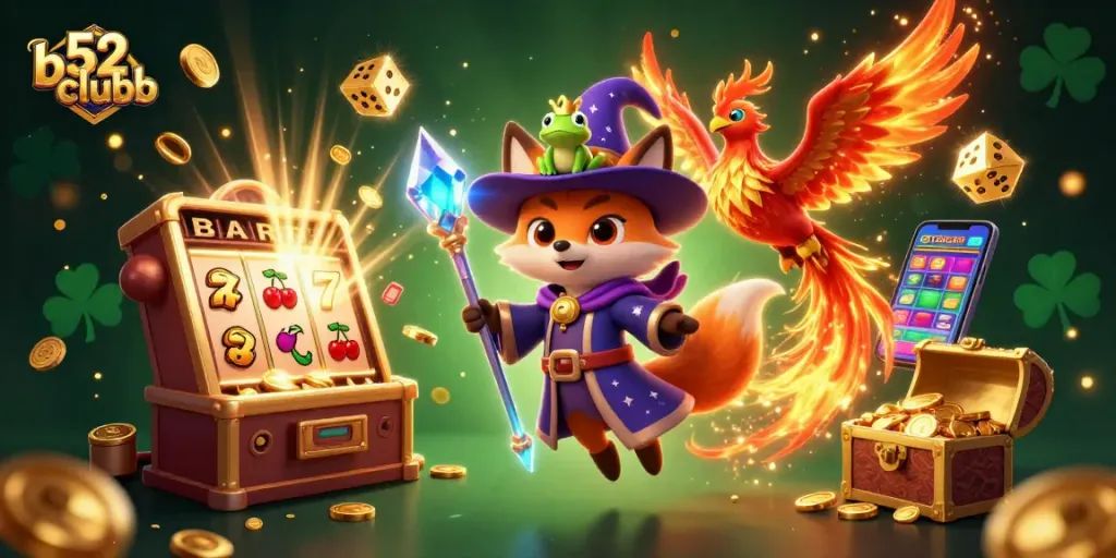Engage in b52clubb with a dynamic 3D illustration featuring a wizard fox, phoenix, and riches.