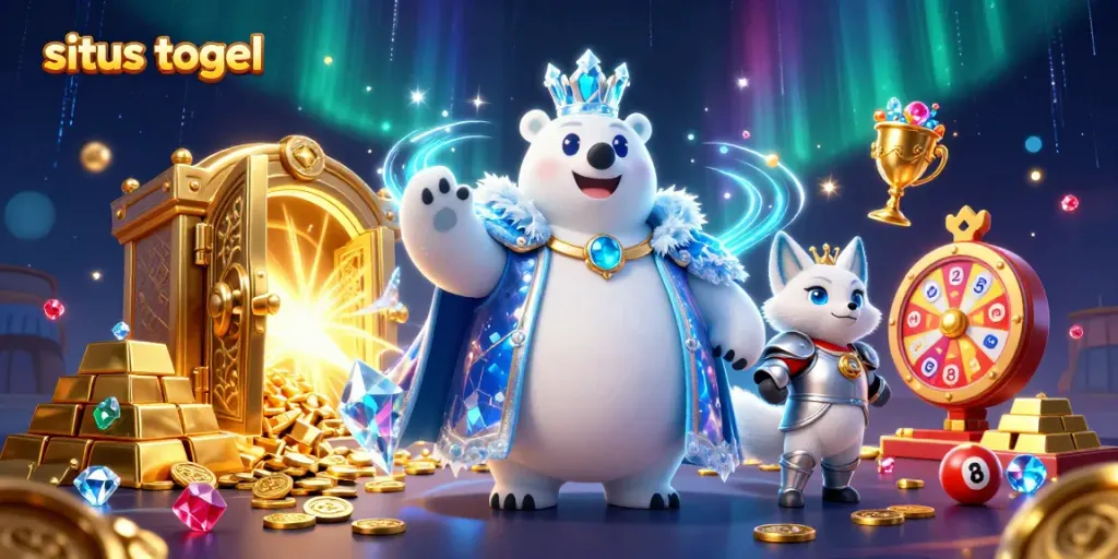 Engage with situs togel through a captivating 3D lottery-themed illustration featuring a polar bear and a snow fox in a treasure-filled scene.