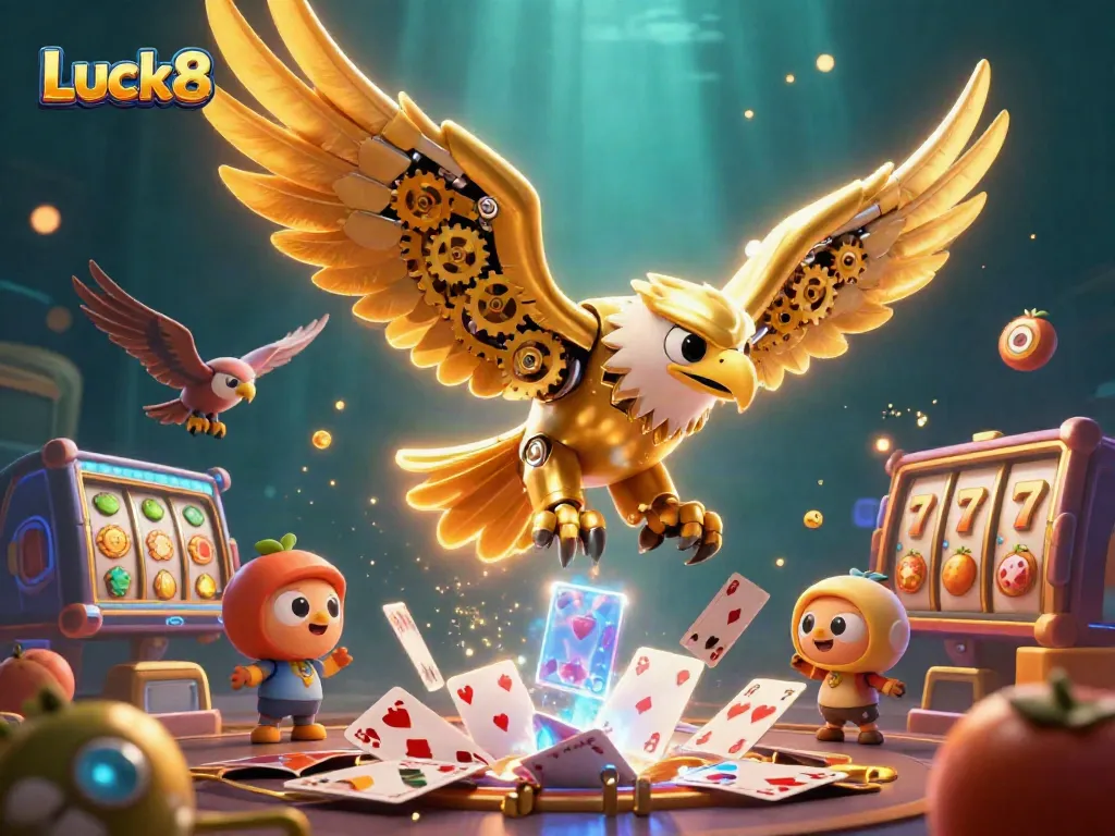 Immerse in the Luck8 gaming experience as a cybernetic eagle dives through slot reels and golden elements.