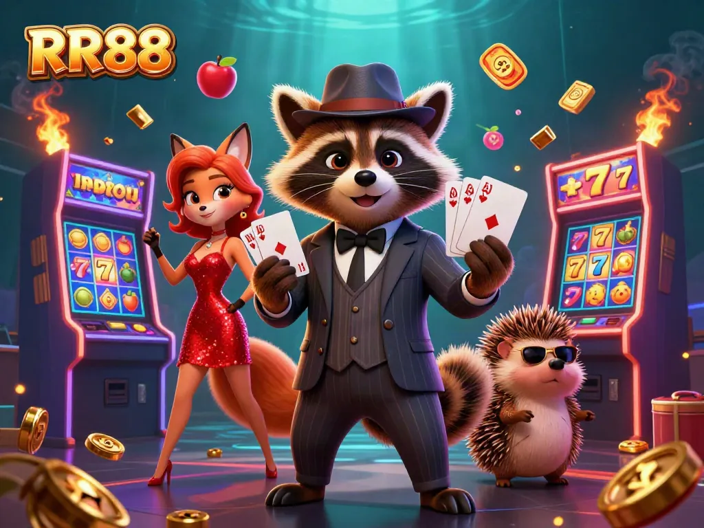 Immerse in the vibrant world of RR88, featuring a raccoon holding a royal flush amidst slot machines and casino gold.