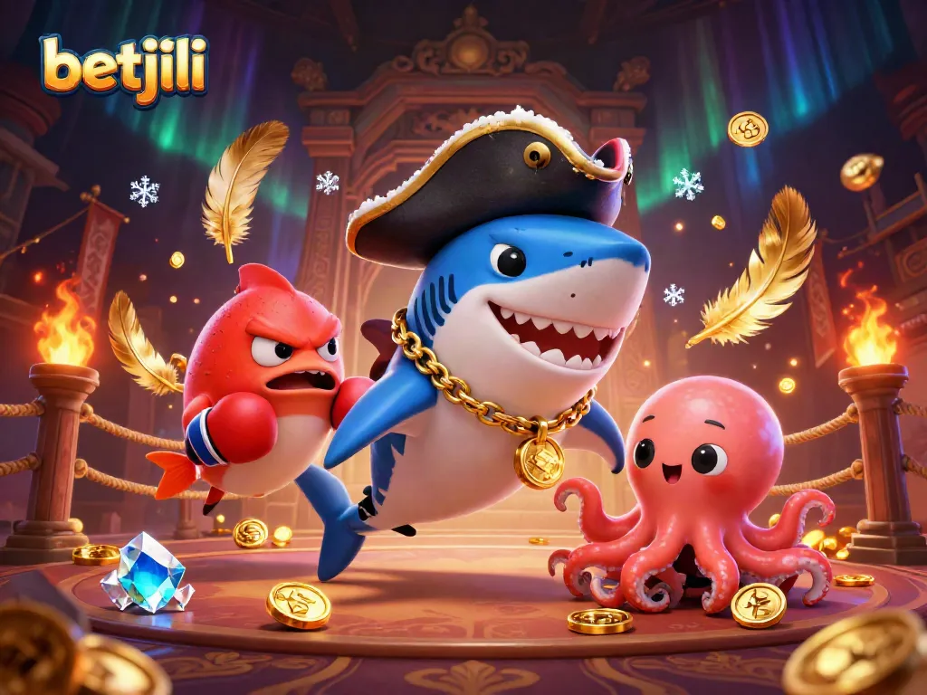 Experience thrilling gaming at Betjili with a vibrant casino scene featuring a playful pirate shark and friends.