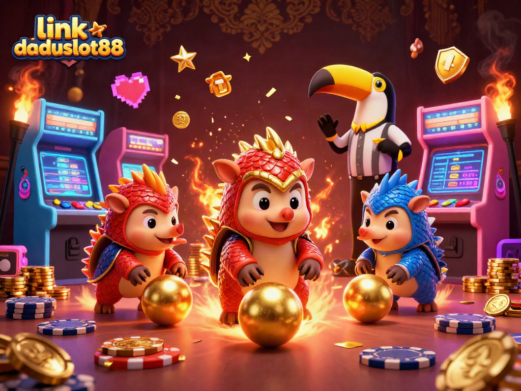 Permainan seru dengan link daduslot88 yang menampilkan dua pangolins bersaing dikelilingi mesin arcade.