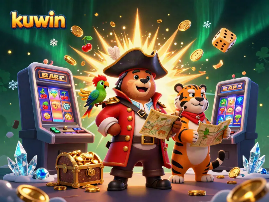 Kuwin's casino adventure scene featuring a playful pirate bear, tiger, and golden parrot amidst slot machines and treasure, capturing excitement.