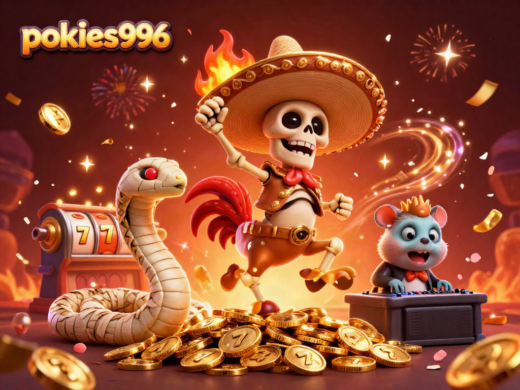 Experience the lively pokies996 scene with a mariachi rooster, mummy snake, and DJ hamster in a vibrant casino atmosphere.