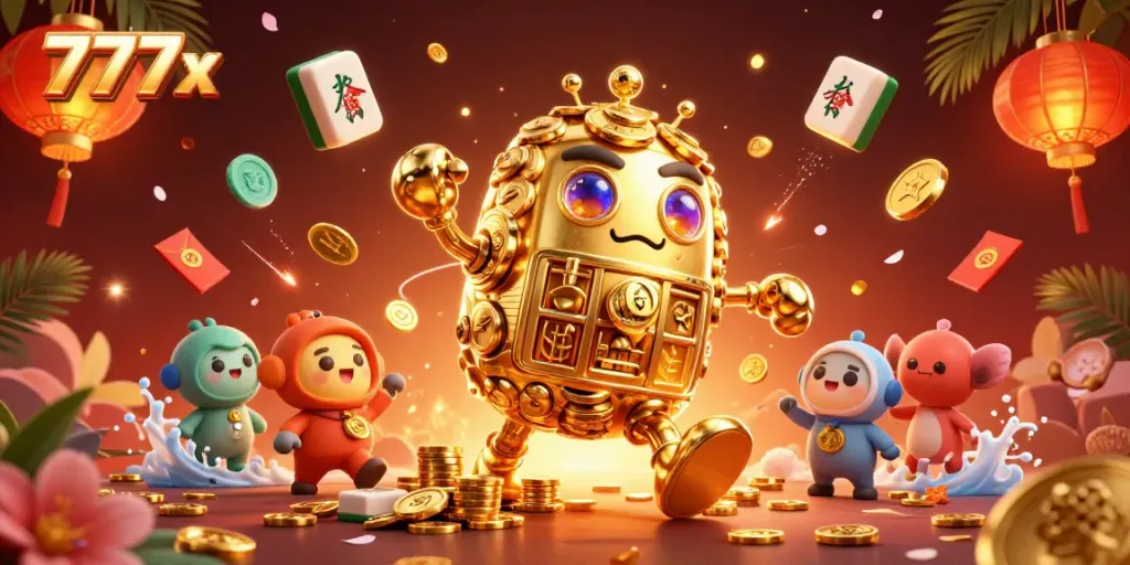 Engage with the exciting world of 777x as golden characters and game elements illuminate a vibrant casino scene.