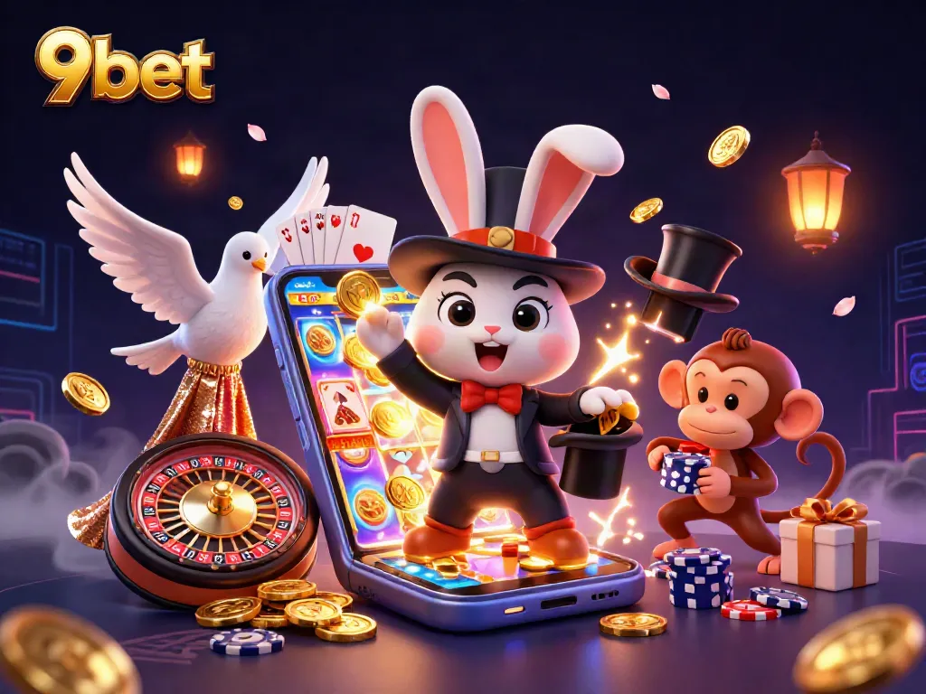 9bet showcases a vibrant scene with a magician rabbit, dove, and monkey amidst casino elements.