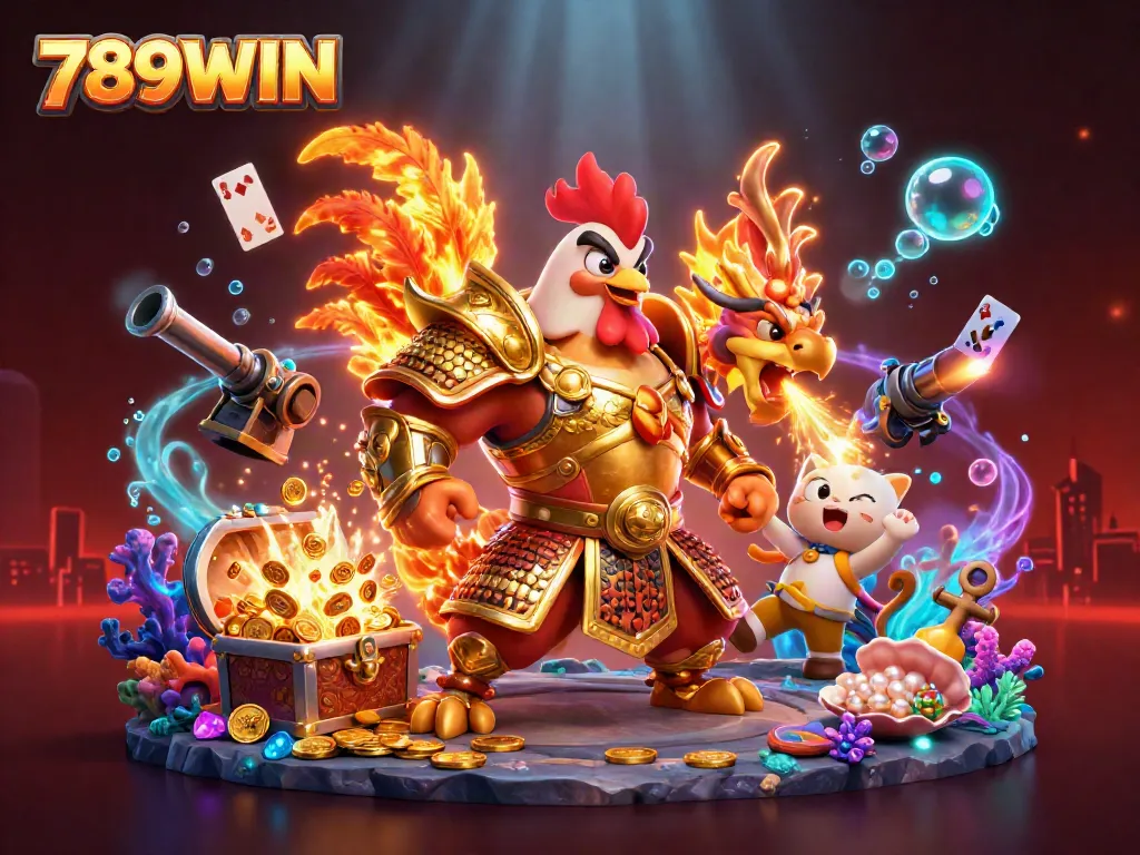Experience thrill and excitement with 789WIN, a vibrant 3D casino scene featuring unique characters and gambling elements.