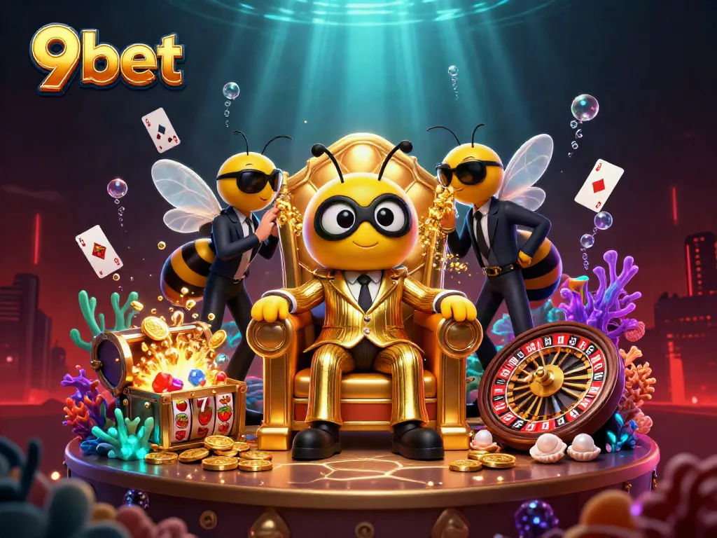 Experience the vibrant world of 9bet with a captivating 3D illustration of a bumblebee mob boss and dynamic casino elements.