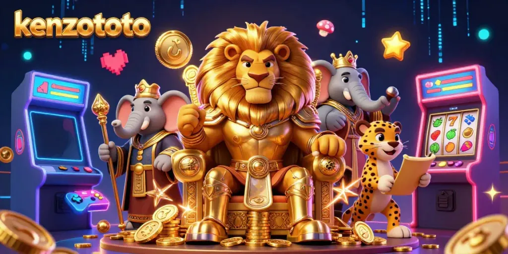 Experience captivating gameplay with kenzototo, showcasing a regal lion king and thrilling slot machine action.