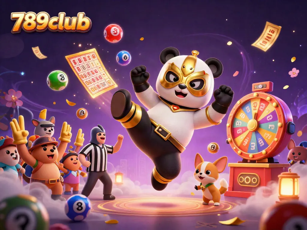 Engage with exciting gameplay in 789clubb, featuring a lively casino scene with adorable characters and vibrant lottery elements.