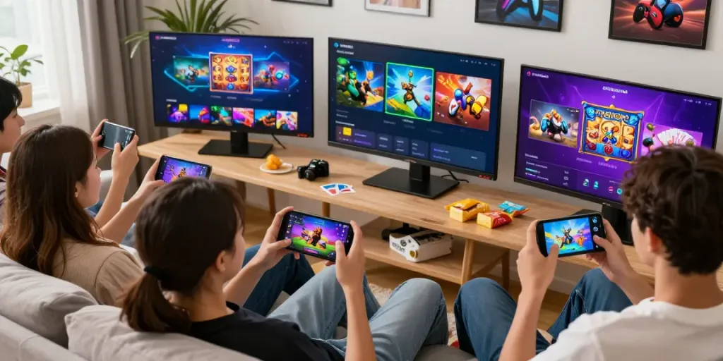 Users enjoying various games on GARUDA404 with colorful screens and a cozy home atmosphere