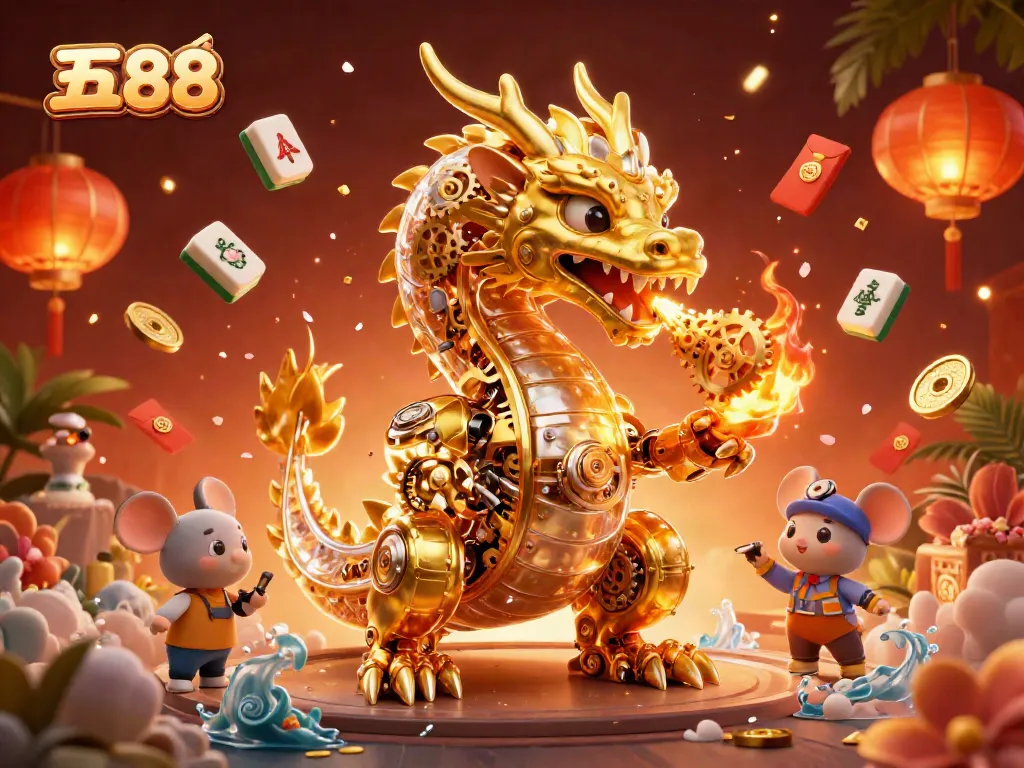 Engage with five 88's dynamic gaming experience, featuring a biomechanical dragon in a rich casino scene.