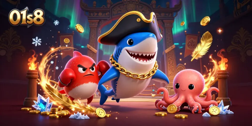 Experience thrill with 01s8 featuring pirate shark, pufferfish, and octopus in a vibrant casino scene.