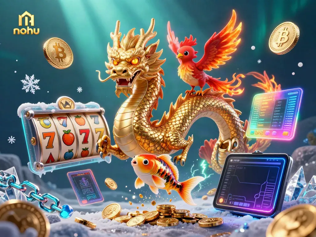 Experience the excitement of nohu with a fierce dragon, phoenix, and koi fish in an enchanting casino scene.