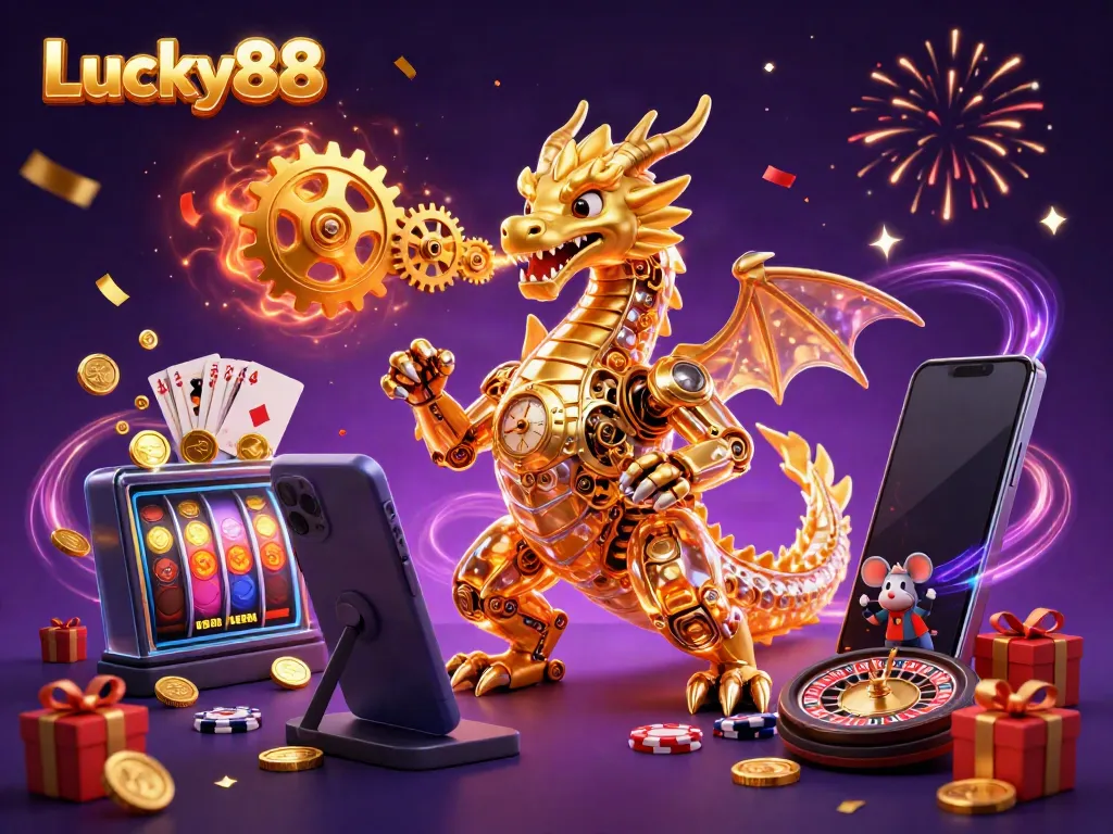 Experience Luck with Lucky88 as a golden dragon releases treasures and excitement in a vibrant casino environment.