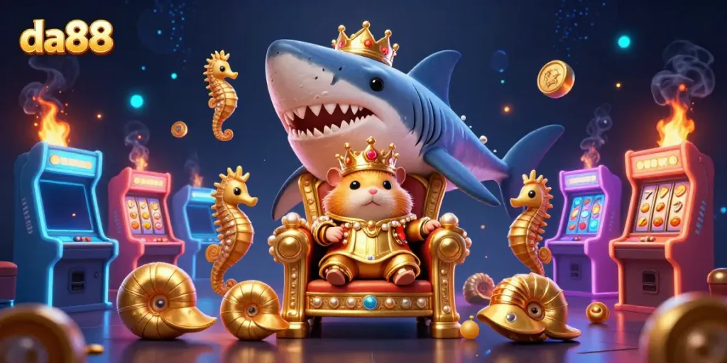 Engaging da88 gaming scene featuring a fierce hamster king on a shark tooth throne, surrounded by slot game elements.