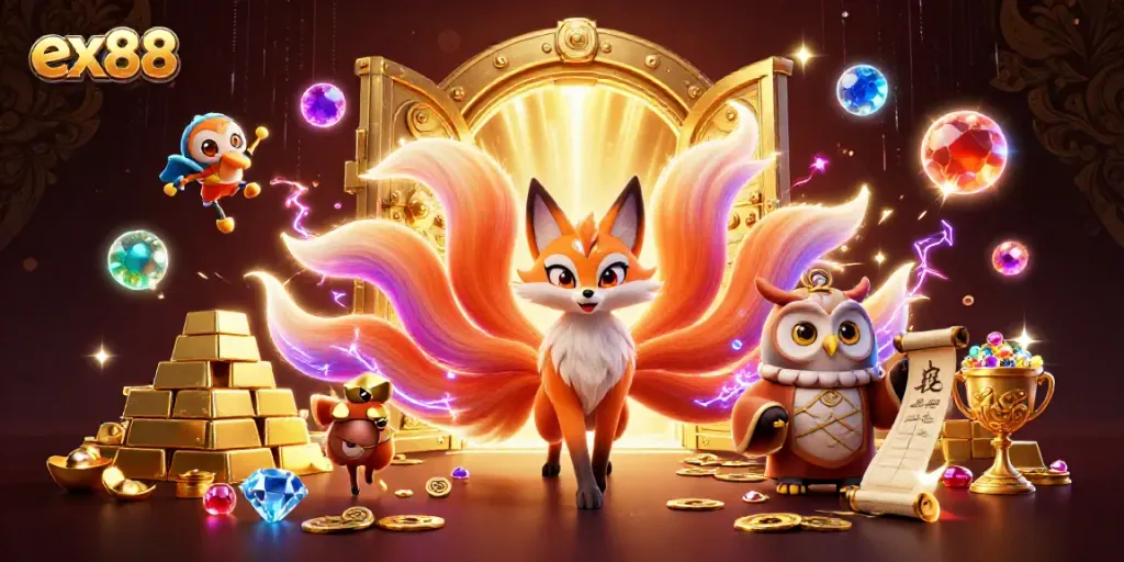 Play and win at ex88 with a vibrant scene of a colorful nine-tailed fox and wise owl surrounded by treasure.