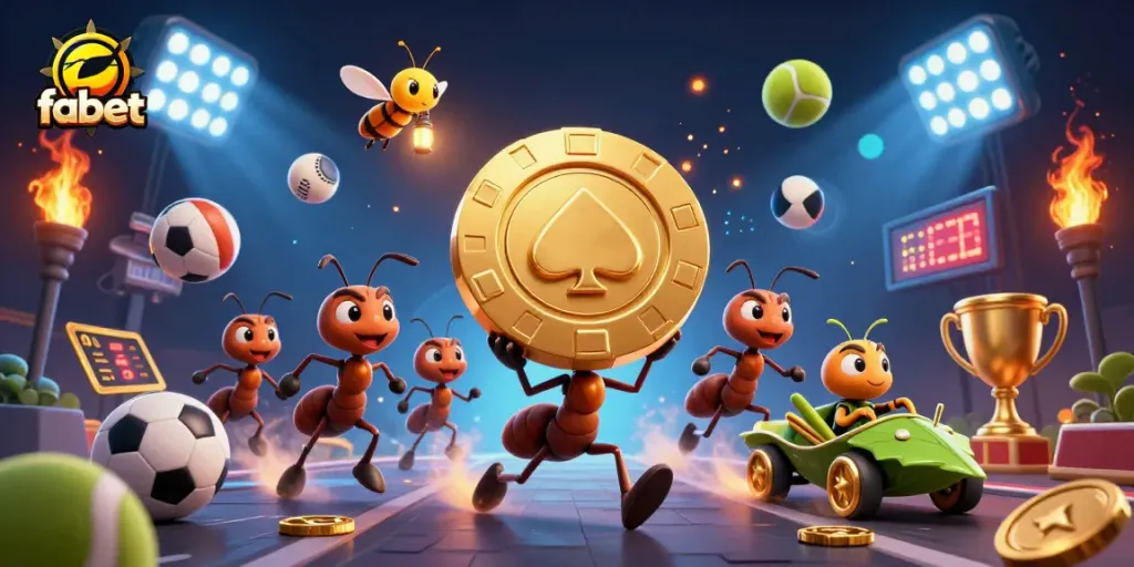 Experience fabet's thrilling gameplay with a dynamic heist scene featuring cartoon ants and sports elements.