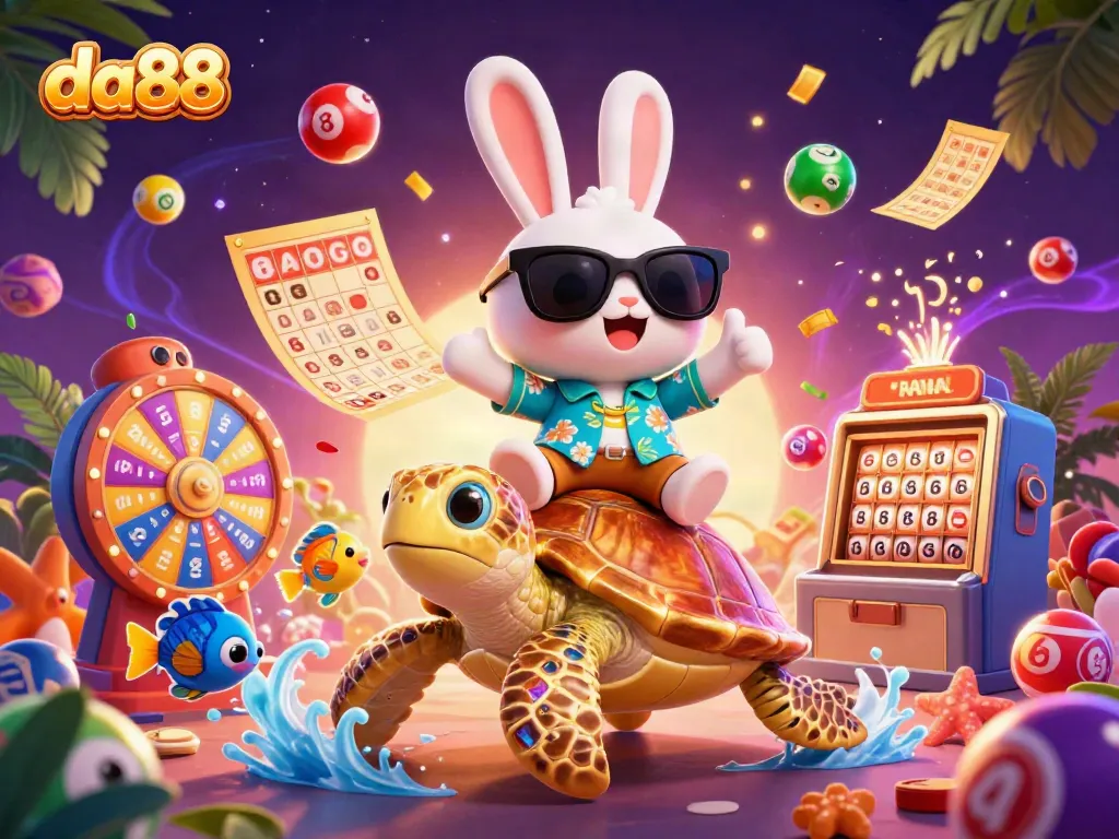 Engage in the colorful world of da88, featuring a lucky rabbit and golden turtle amidst vibrant casino elements.