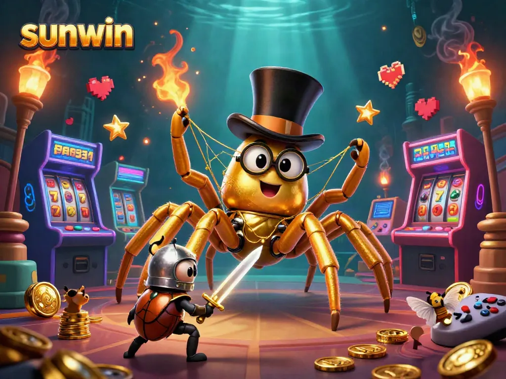 Engage in thrilling casino adventures with Sunwin, showcasing a golden tarantula and beetle knight amidst slot machines.