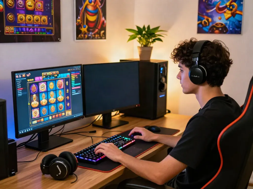Engaged gamer enjoying slot gacor gampang menang at home with vibrant atmosphere and gaming setup.