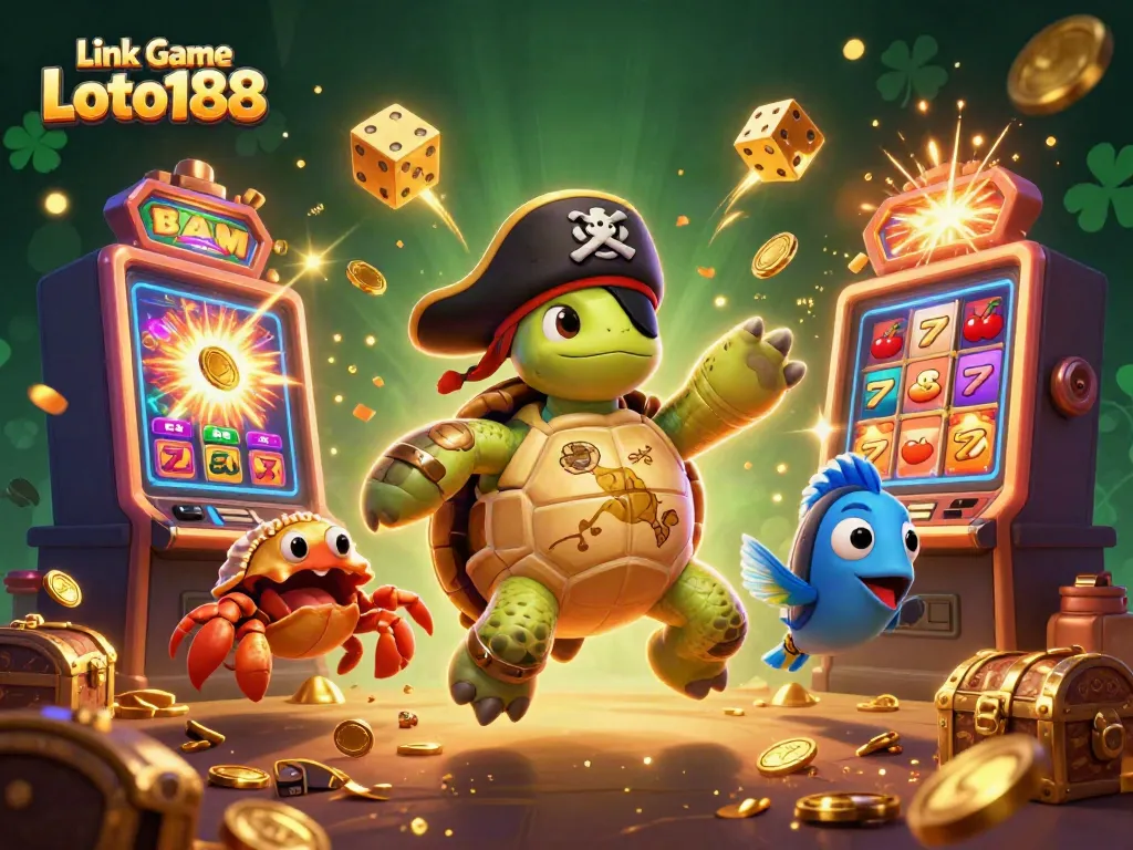 Join the adventure with Link Game Loto188 featuring a pirate turtle and treasures in a vibrant casino scene.