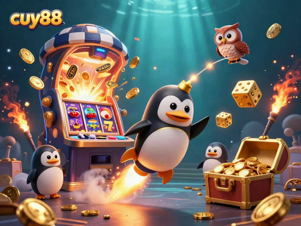 Spin the reels at cuy88 as a golden penguin blasts through space towards a vibrant casino!