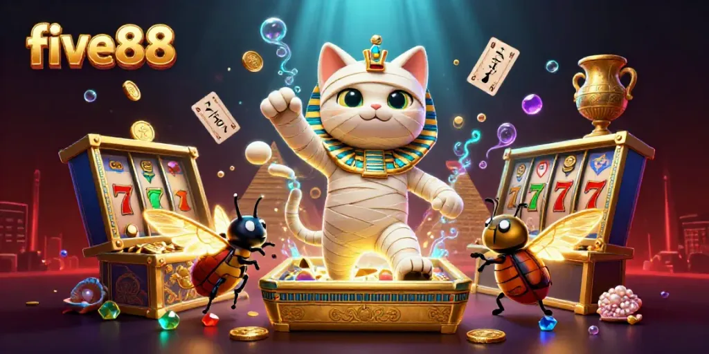 Embrace fortune at five88 with a dynamic casino scene showcasing Egyptian-themed gambling excitement.