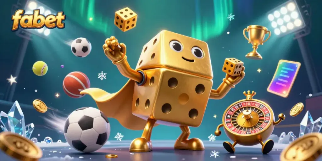 Experience the thrill of fabet as the golden dice golem juggles shimmering dice in an exciting casino scene.