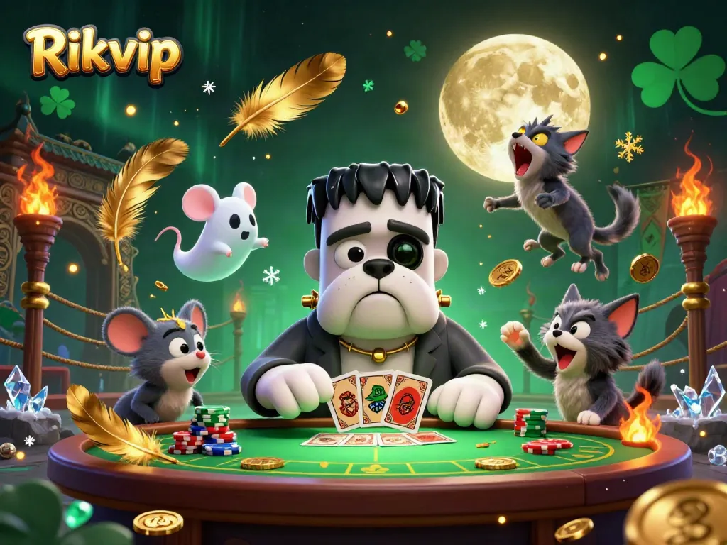 Play cards with Rikvip's thrilling atmosphere featuring a playful bulldog dealer and spooky elements.