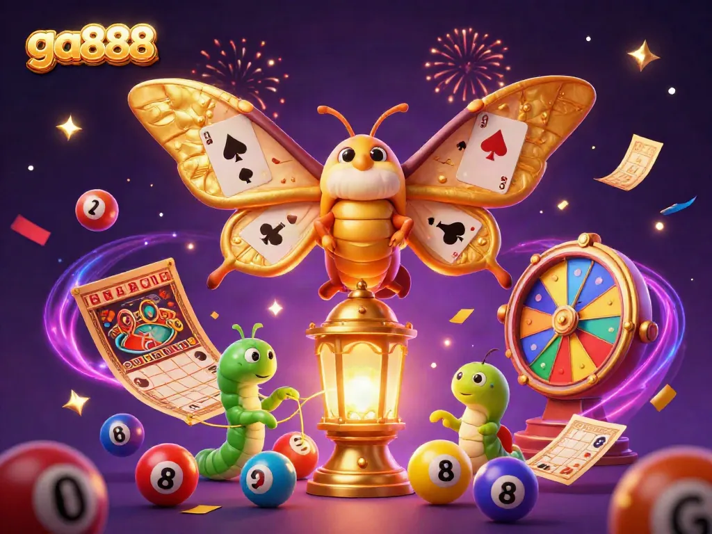 Engage in thrilling gaming at ga888 with vibrant casino elements and a dazzling moth mascot.