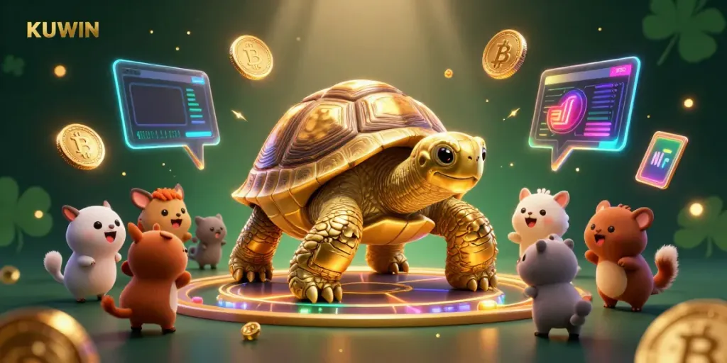 KUWIN offers a vibrant gaming experience with a golden tortoise pinball machine surrounded by crypto coins.