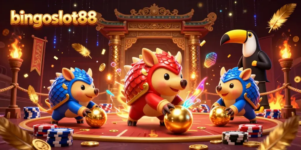 Gambarkan bingoslot88 dengan pangolin bersaing dan chip poker yang menggugah suasana permainan.