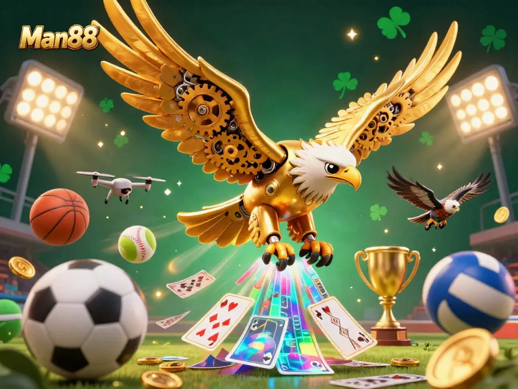 Experience thrilling action with Man88's golden eagle diving through holographic cards and sports elements.