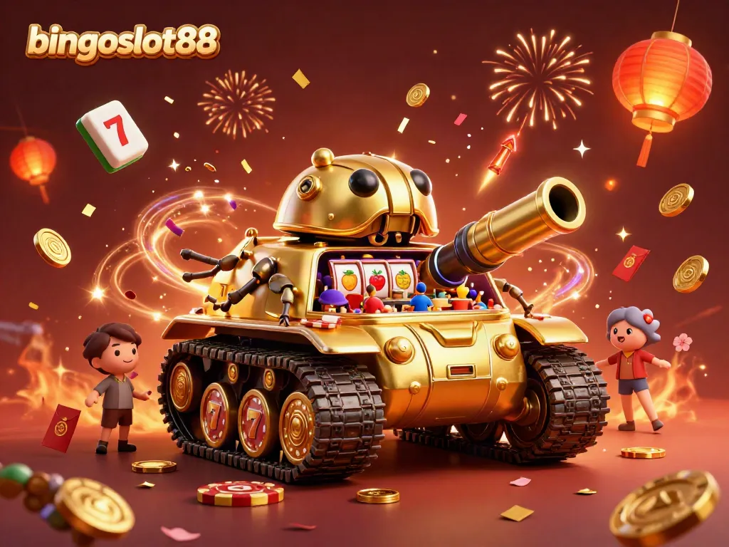 Menyaksikan bingoslot88 dengan tank keong emas berisi kasino mini dan simbol slot keberuntungan.