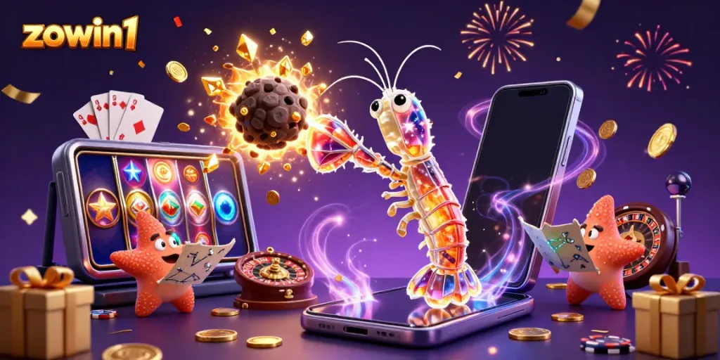 Zowin1 showcases a dynamic 3D galactic scene with vibrant casino elements, exploding gems, and a vibrant backdrop.