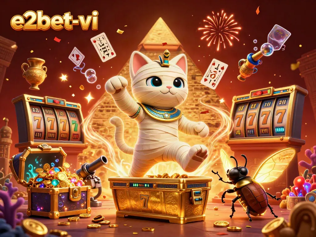 Experience the thrill of e2bet-vi with a vivid scene of a mummy cat and glowing scarab in a casino.