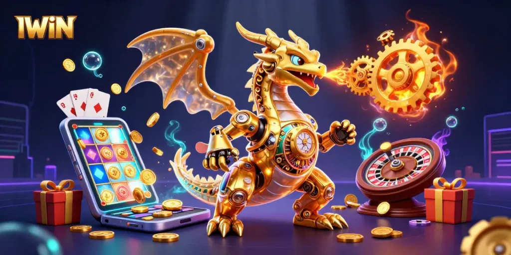IWIN is featured in a vibrant 3D illustration with a golden dragon themed around casino elements and gaming.