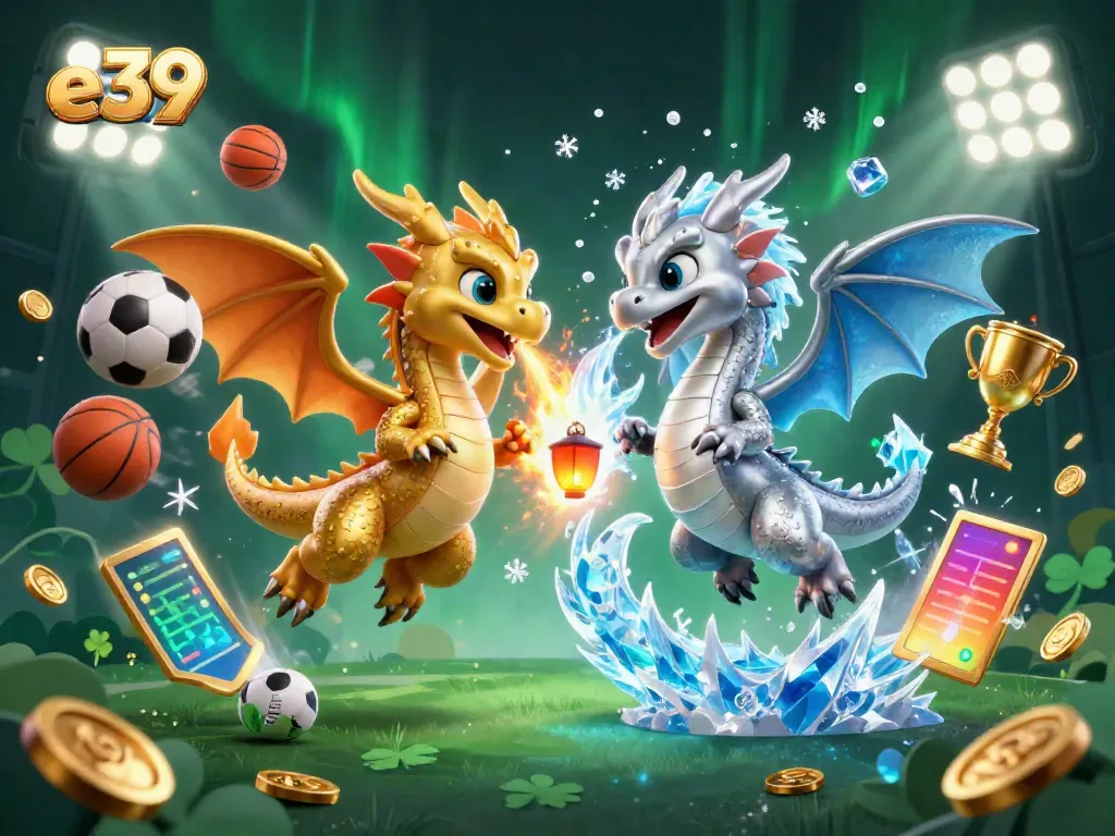 Experience the thrill of e39's gaming with gold and silver dragons amidst dynamic sports elements.