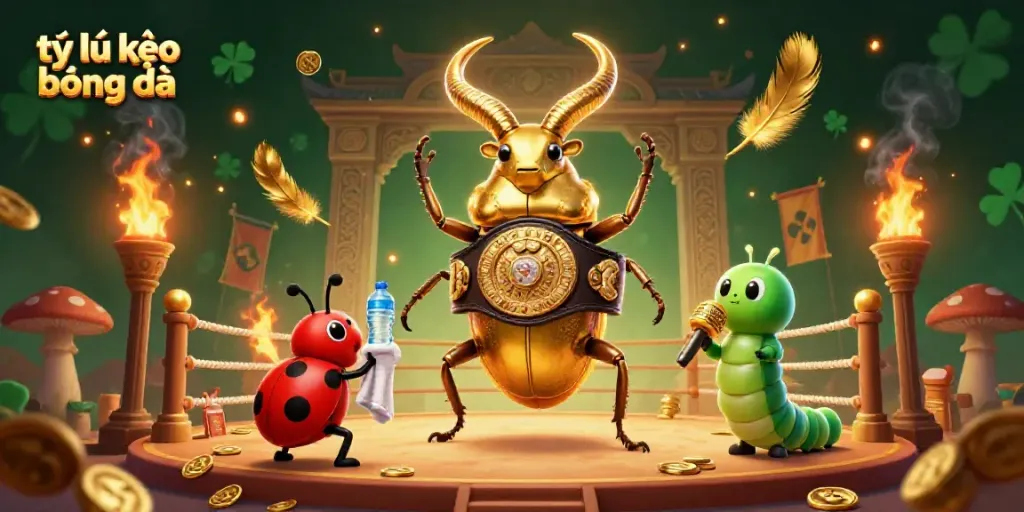 Engaging scene of tỷ lệ kèo bóng đá featuring a golden stag beetle champion facing off with glowing horns.