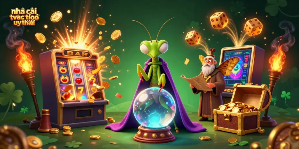 Experience the excitement of nhà cái trực tuyến uy tín with animated fortune teller and slot machines.
