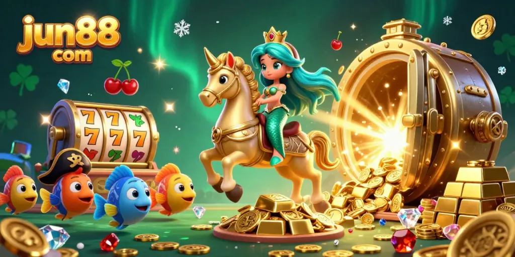 Experience thrilling action at jun88 com with a vibrant casino scene featuring a mermaid riding a seahorse amidst dazzling treasures.