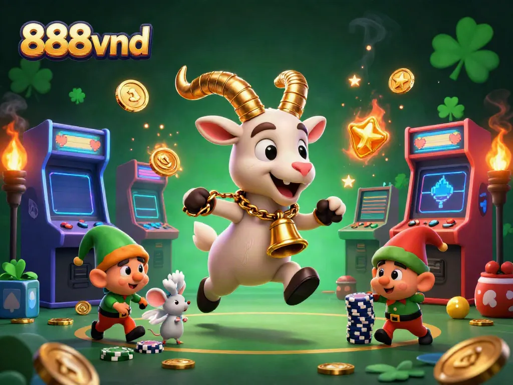 Experience thrilling gameplay at 888vnd with an immersive cartoon casino scene featuring festive characters and vibrant game elements.