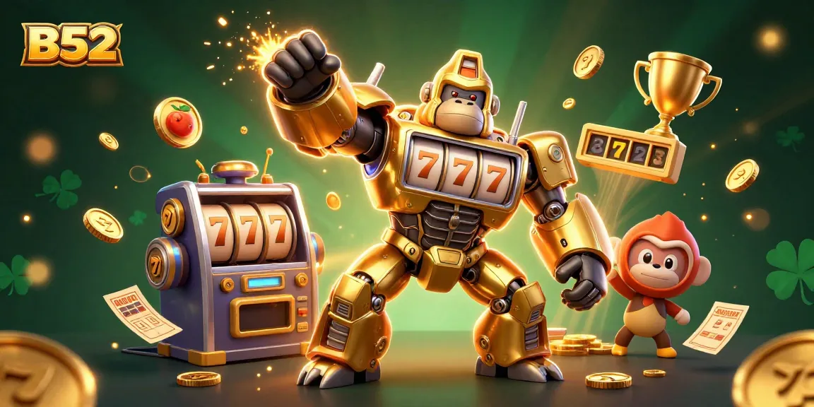 Join the thrilling B52 slot machine action with a golden gorilla mech, jackpot visuals, and coins exploding!