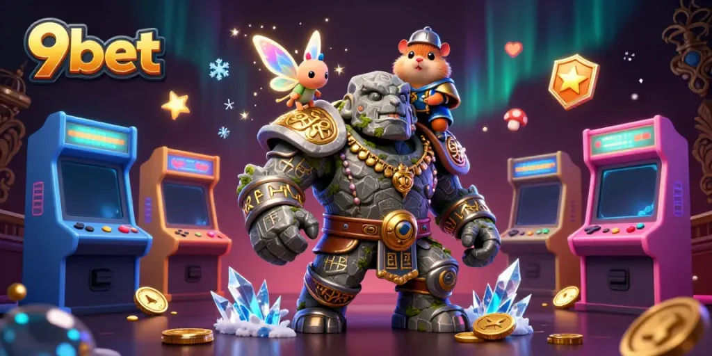 Experience thrilling gameplay at 9bet with a captivating fantasy scene featuring a magical golem and fairy.