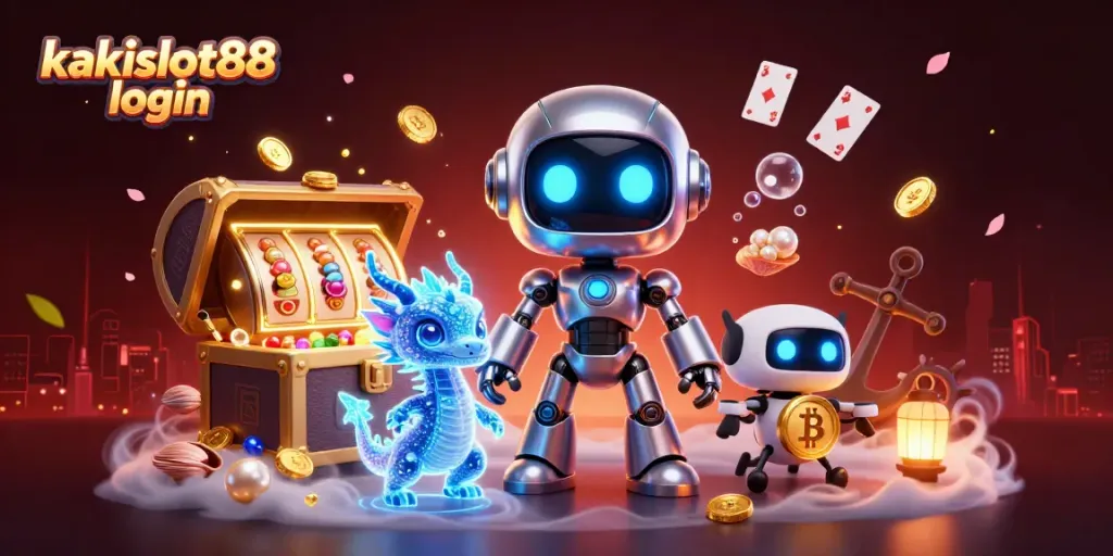 Mengakses kakislot88 login dengan robot cyberpunk dan naga holografik di latar penuh kemewahan permainan.