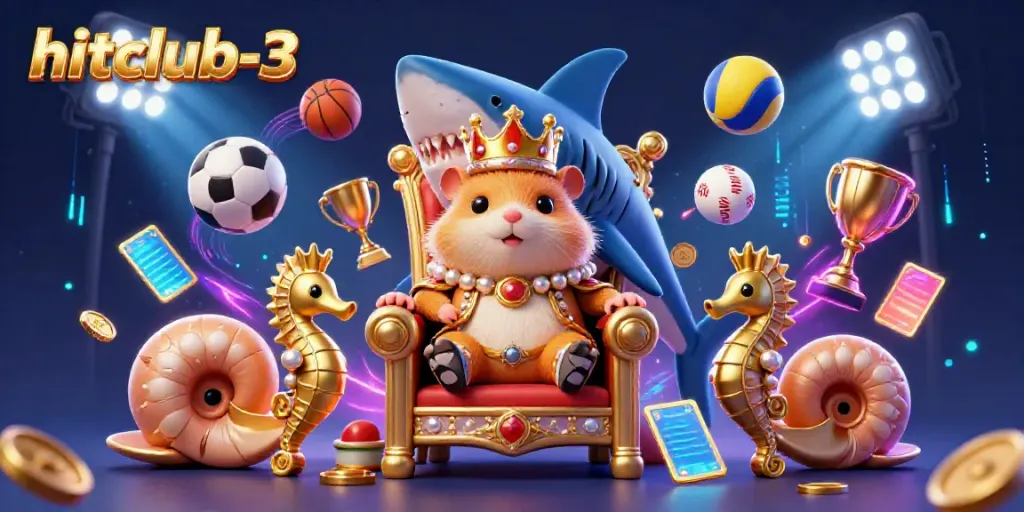 Experience the hitclub-3 dynamic scene of a golden hamster king amid sports balls and a betting theme.