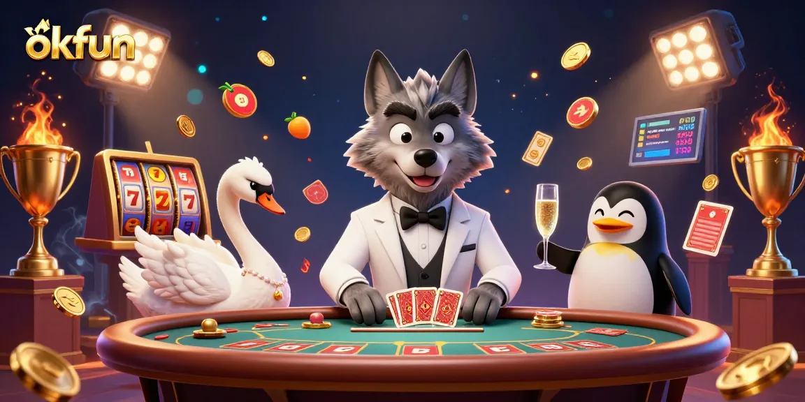 Play exciting slots with okfun featuring a debonair wolf, an elegant swan, and a penguin presenting champagne.