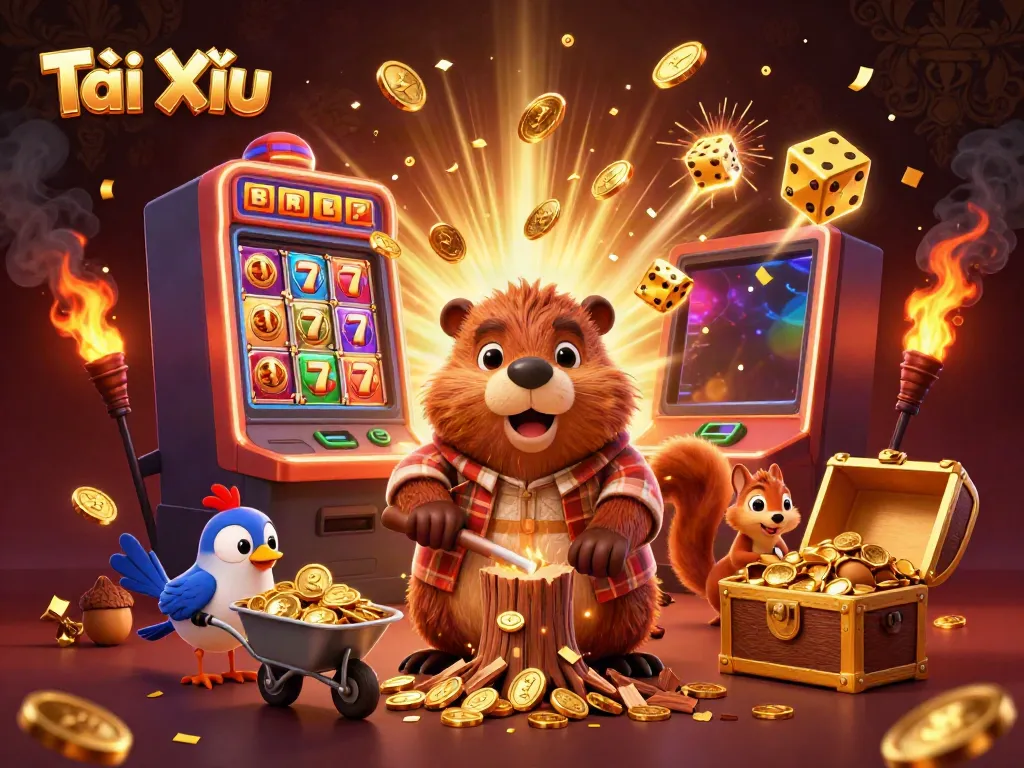 Experience Tài Xỉu excitement with a cheerful beaver collecting golden coins from a tree of wealth.