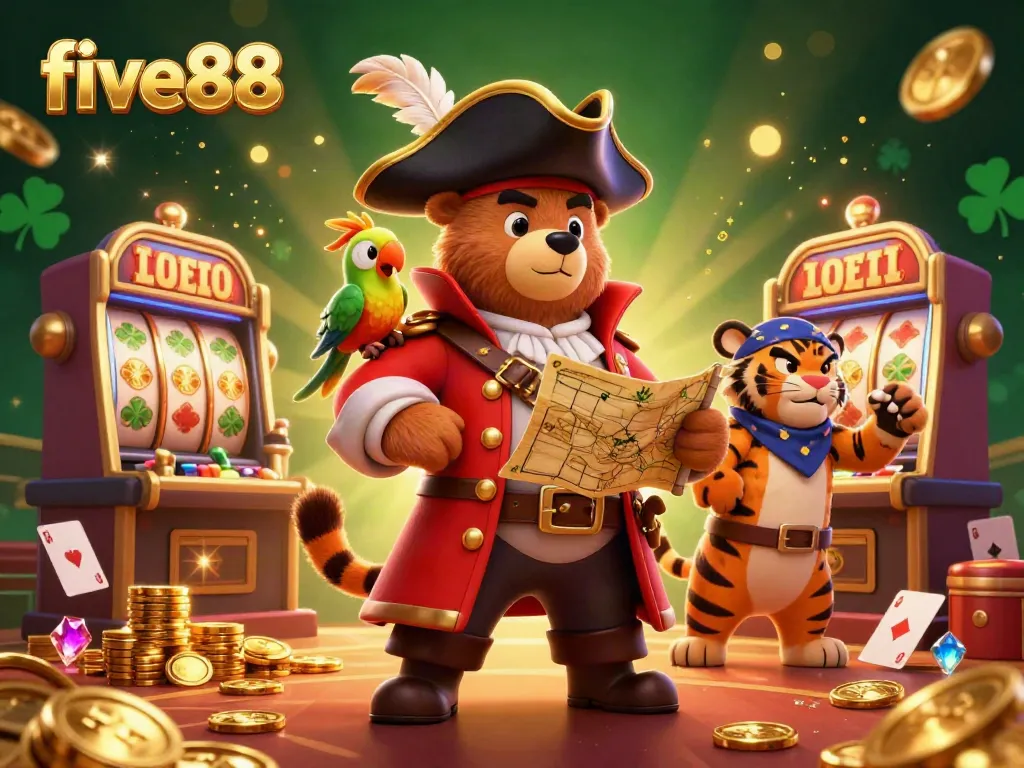 Join the excitement at five88 with a vibrant casino scene led by a pirate captain bear, showcasing thrilling slot machines and sparkling treasures.